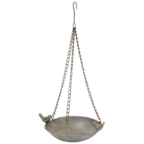 Hängender Vogelfutterspender für Außen - Dekoratives Pflanzgefäß & Vogeltränke aus Eisen für Garten & Balkon - Winterfeste Wildvogeltränke als hängende Schale mit Vogelfiguren 22 x 50 cm grau