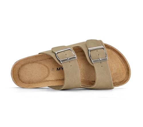 Image of mysoft Womens Flat Sandals Cork Footbed Slides with 2 Straps | Adjustable Buckle Slip On Comfortable Casual Light Weight Summer sandals