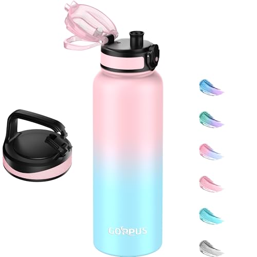GOPPUS 1.2L/40oz Stainless Water Bottle (No Straw) with Screw Lid Double Wall Insulated Bottles with Strap Large Vacuum Thermal Flask Leakproof Keep Cold Drinks Bottles with Flip Top Lid BPA Free