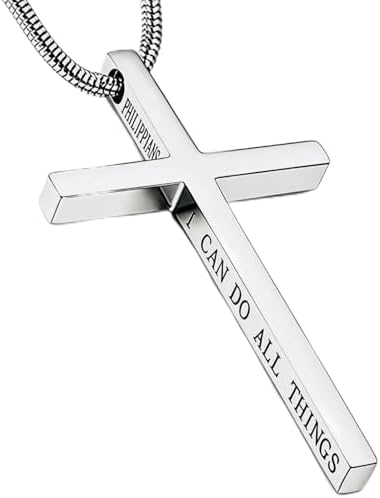 Philippians Cross Pendant Necklace for Men Women Stainless Steel Necklace Snake Chain 22 in (Silver Tone)