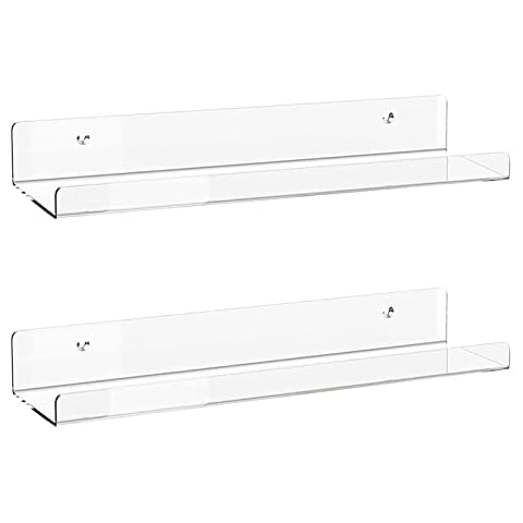 Acrylic Floating Shelves, 2 Pack of 15 inches Invisible Acrylic Floating Wall Ledge Shelf, Wall Mounted Nursery Kids Bookshelf, Spice Rack, Bathroom Storage Shelves for Cosmetics, Photos, Books, Spice Cover