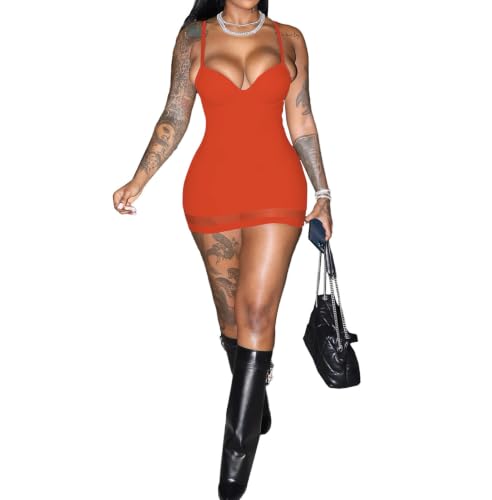 Image of Sexy Bodycon Mini Dress for Women Sweetheart Neck Spaghetti Strap Mesh Hem Party Club Night Out Short Dresses