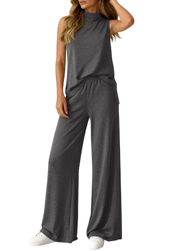 BTFBM 2 Piece Outfits For Women Airport Travel Summer 2026 Loose Mock Neck Sleeveless Wide Leg Pants Workout Lounge Sets(Dark Grey, XX-Large)