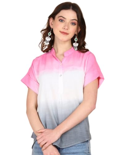 Image of Maaesa Women Handmade Regular Fit Tie-Dye Rayon Top | Casual Wear & Office Wear | Short Sleeve | Mandarin Neck | Lightweight & Breathable Fabric