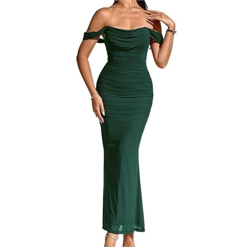 EDQPLL Langes Kleid für Damen, schulterfrei, gerafftes Korsett, figurbetont, formelles Kleid für Hochzeitsgäste (Dunkelgrün, M)