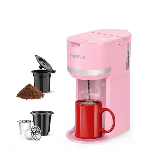 Mini Single Serve Coffee Maker for K Cup and Ground Coffee, Fast Brew One Cup Coffee Machine with Descaling Reminder and Water Window, 6 to 12 oz. Brew Sizes, Pink