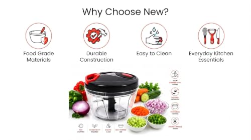 Image of Manual Vegetable Chopper Hand Push Food Processor with Stainless Blades (Black Blue, 500 Milliliters)