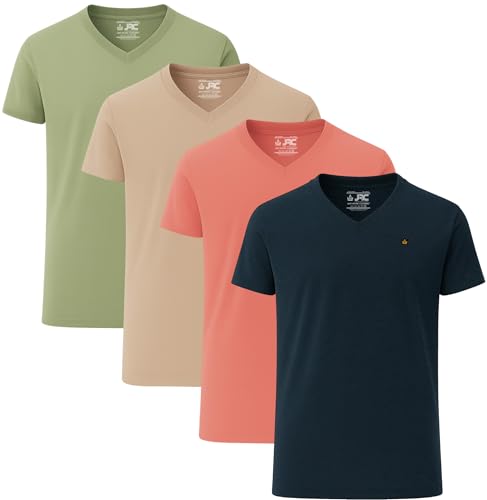 JRC Just Royal Clothing Pack of 4 Mens Short Sleeve V-Neck T-Shirts, Casual Vee Neck Tops (Sage, Mid Night, Peach Amber, Rgby Tan, L)