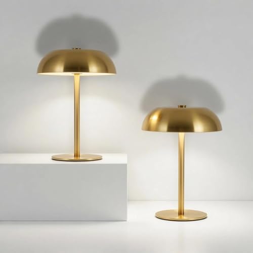 Zoeger 2 Pack Portable LED Mushroom Table Lamp, Metal Cordless Desk Night Light, Stepless Dimming Touch Lamp with 3 Colors for Bedroom Bedside Restaurant Bar, Golden