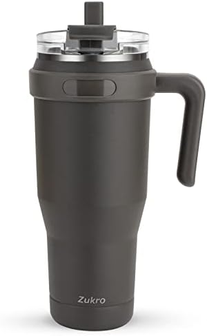 Zukro 50 oz Mug Tumbler With Handle And 2-in-1 Straw Lid, Insulated Stainless Steel Large Leak Proof Travel Cup with Flip Straw,Fit in Cup Holder, Keeps Cold for 30 Hours or Hot 10 Hours, Coal