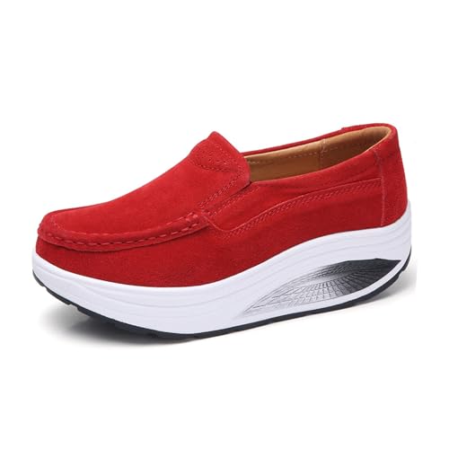 Image of Aceptolcom Women's Red Suede Platform Wedge Loafers, Casual Comfort Good Arch Support Slip On Shoes, Size 4.5-9.5