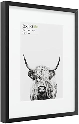 Homeforia - 8x10 inch Metal Picture Frame - 8 x 10 Aluminum Photo Frames - 5x7 Mat - Tempered Glass - Wall Hook Included - Set of 1 - Black