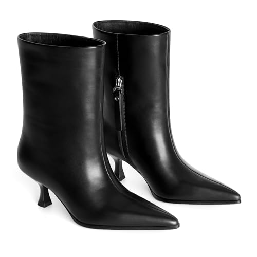 Women's Mid Calf Kitten Heel Boots – Black Pointed Toe Dress Booties in Smooth Faux Leather, Elegant Minimalist Style for Fall & Winter