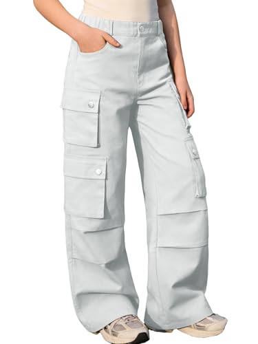 Image of SANGTREE Girls Wide Leg Cargo Pants Multi Pocket,6-14 Years | Cotton High Waist Baggy Trousers with Pockets Teen Y2K Streetwear School Pants| Back-to-school,Outdoor Play
