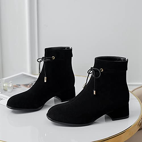 VOKLIN Women's Square Toe Elegant Dressy Ankle Boots Vegan Suede Lace Up Zipper Low Heel Dress Short Booties3