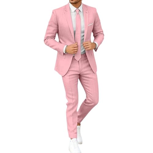 Traje de hombre, traje de lino para hombre, 2 piezas, color liso, corte delgado, chaqueta y pantalones, adecuado para bodas, negocios, rosa, S