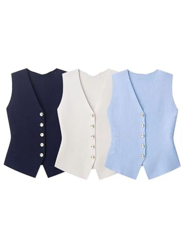 Women Knit Waistcoat Solid V-Neck Button Sleeveless Straight Tops Casual Slim Vest2