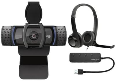 Logitech C920S Pro HD Webcam Bundle with H390 USB Headset with Noise-Canceling Mic and 4-Port USB Hub (3 Items)