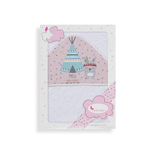 Interbaby - Capa de Baño Bebe Blanco/Rosa | Toalla Bebe con Capucha 100% Algodón, 100x100cm, Unisex | Suave, Cómoda, Secado Rápido | Ideal para Recién Nacidos, Bebes y Niños Pequeños | Diseño Tipi Oso