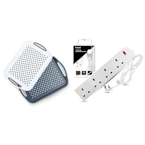 Essen 2-Pack Serving Tray Set – Non-Slip Lap Boards with Grip Handles, Ideal for Food Prep, Tea & Heavy Duty Extension Lead UK Pin Plug and Cable, 4 Gang Way 2m Power Adapter