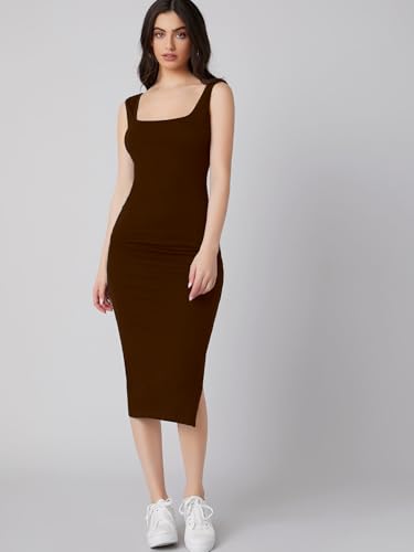 Image of Aahwan Royal Solid Bodycon Square Neck Midi Side Split Thigh Dress for Women's & Girl's