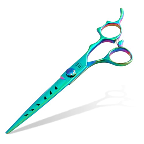 Dog Grooming Scissors: 7″ Straight Pet Shears Skeletonized blade Made Of Japanese 440C for Trimming Dogs Cats and Other Pets Green Dog Grooming Scissors: 7″ Straight Pet Shears Skeletonized blade Made Of Japanese 440C for Trimming Dogs Cats and Other Pets Green