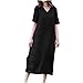 Robe d'été pour femme - Robe d'été pour femme - Élégante - Col en V - Manches courtes - Couleur unie - En coton et lin - Décontractée - Pour la plage, Noir , XL