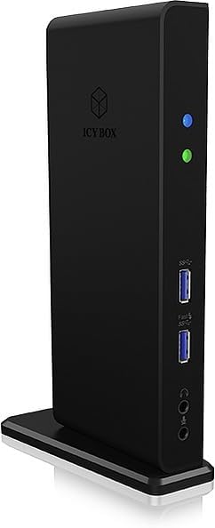 Front view of ICY BOX docking station showing USB 3.0, audio, and power indicator.