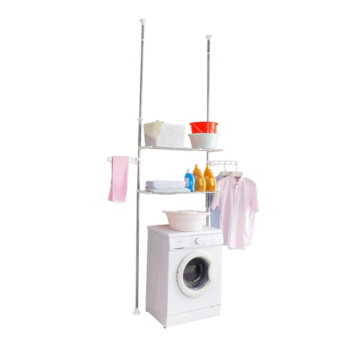 Hershii Over the Toilet Storage Rack Laundry Shelf Double Tension Poles Above Washer Dryer Organizer Unit Bathroom Space Saver Clothes Hanger Rods, Adjustable Height & Width - Black (Ivory, 2 Tier)