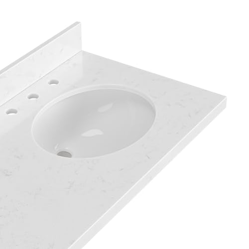 ARIEL 60 inch Double Bathroom Vanity top with Sink, 1.5 Inch Thick Miter Edge Carrara White Quartz top, Oval Double Sink Vanity top, Includes Backsplash