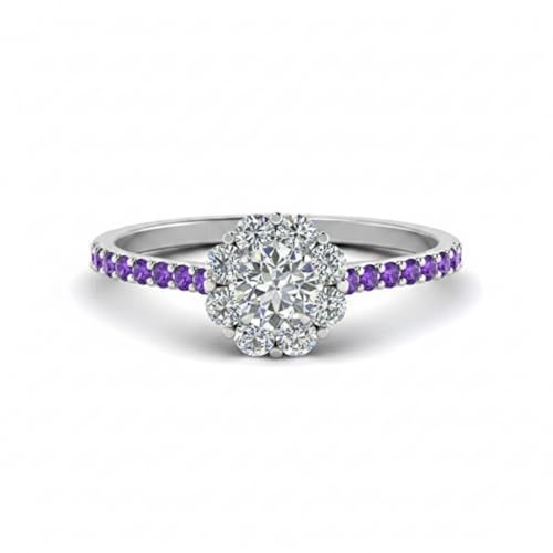 Image of Choose Your Gemstone Flower Halo Diamond CZ Ring 925 Sterling Silver Round Shape Halo Engagement Rings Everyday Jewelry Wedding Jewelry Handmade Gifts for Wife US Size 4 to 12