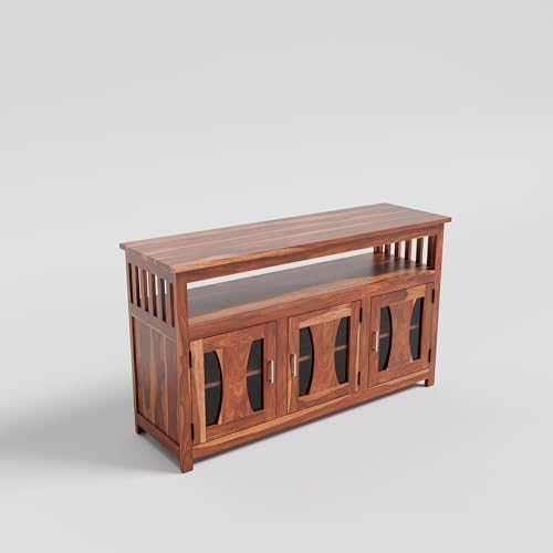 Image of WOODY Furniture Solid Sheesham Wood Kitchen Crockery Cabinet for Dining Room | Sideboard Storage Cabinet with Glass Doors, Console Table Buffet Cabinet for Living Room & Kitchen (Honey Finish)