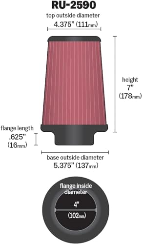 Image of K&N High-Flow Original Lifetime Universal Clamp-On Air Filter:High Performance,Premium,Washable:Flange Diameter: 4 In,Filter Height:7 In,Flange Length: 0.625In,Shape:Round Tapered,RU-2590 (Pack of 6)