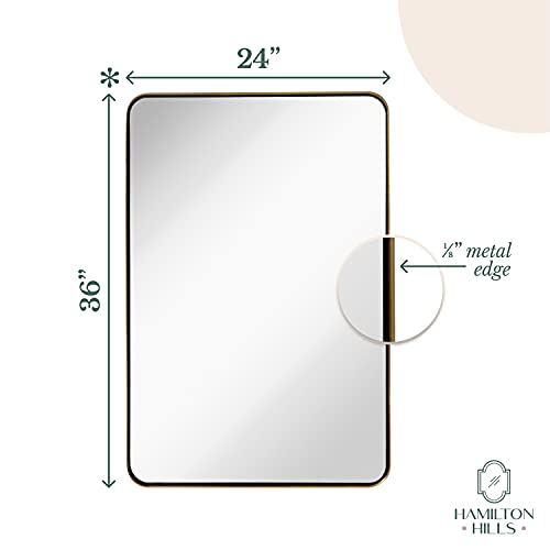 Hamilton Hills 24x36-Inch Metal Gold Frame Mirror for Bathroom - Brushed Rectangular Rounded Corner Vanity, 2" Deep Set Design, Floating Mirror - Wall-Mounted Mirrors for Horizontal/Vertical Hanging