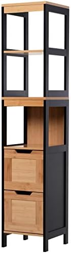 HOMCOM Armoire Salle De Bain Haute 168cm - Meuble Colonne Étroite Avec Tiroir Silencieux, Étagères Réglables Et 2 Placards, Chêne
