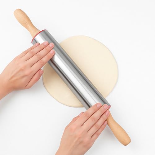 CHEFZOCO Rodillo de cocina, Rodillo de repostería, Rodillo de Amasar con Rodamientos, Rodillo para hacer Pan, Rodillo para pizza, Fabricado en Acero inoxidable y Madera, Largo 44 cm, Diámetro 5 cm