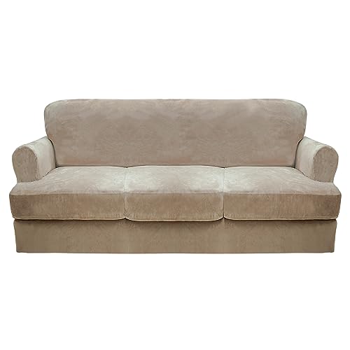 Cucraf T Cushion Sofa Cover 4 Piece Sofa Slipcovers Thick Velvet Couch Cover Furniture Protector Stretch Sofa Covers For 3 Cushion Couch With 3 Individual T Cushion Covers Machine Washable cover