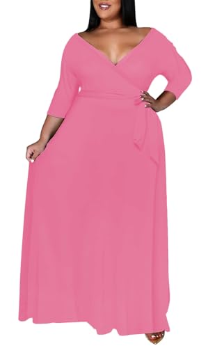 Image of Plus Size Dresses for Women Floral Maxi Dress Flowy 3 /4 Sleeve Oversize Long Dresses with Belt Hot Rose 2XL