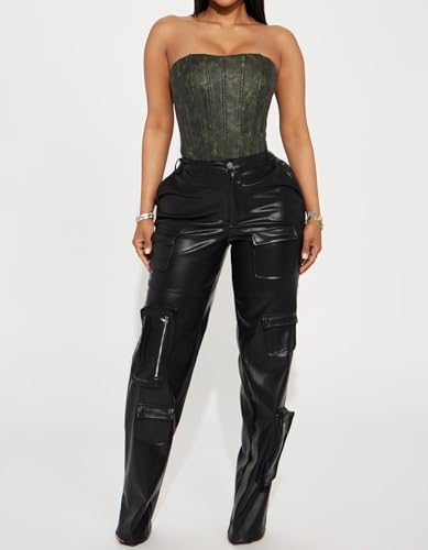 Women's Faux Leather Cargo Pants High Waisted Y2K Leggings Pants with Pockets2