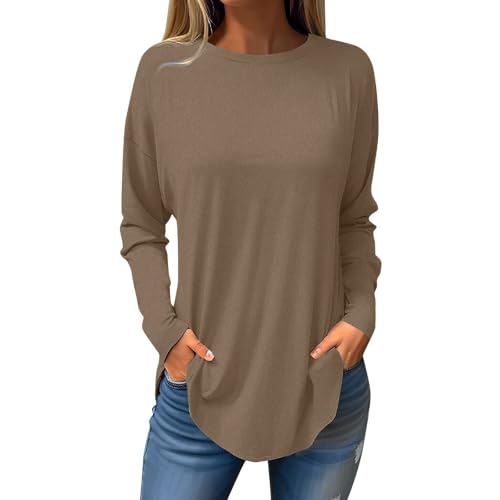 YIzdegg Dam Lång Locker Luftig Lång Blus, Tunika, Y2k, Lång Skjorta, Blusenshirt Dam, Blus, Sommar, Rund Hals, Toppar, Khaki, XL