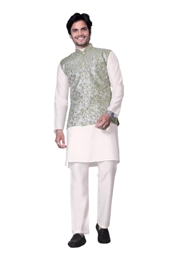 Men's Traditional Kurta Pajama with Sleeveless Printed Nehru Jacket Indian Ethnic Outfit for Wedding Festival & Party