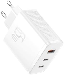 Baseus Ładowarka USB C 65W, zasilacz USB C, 3-portowy ładowarka PD, ładowarka z PPS, GaN szybka ładowarka kompatybilna z MacBook Pro/Air, iPhone 15/14/13/12, iPad Pro, Galaxy S23 Ultra, S23+, S23,