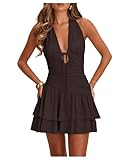 Floerns Women's Deep V Neck Ruched A Line Halter Mini Dresses Tie Front Asymmetrical Layered Club Party Dresses Coffee Brown Small