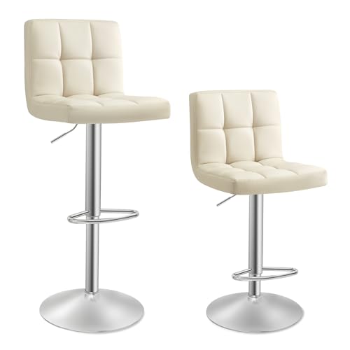 SONGMICS Juego de 2 Taburetes de Bar, Silla Alta, Altura Regulable con Funda de PU, Giratorio con Respaldo y Reposapiés, Comedor, Mostrador, Acero Cromado, Beige Arena LJB064K03