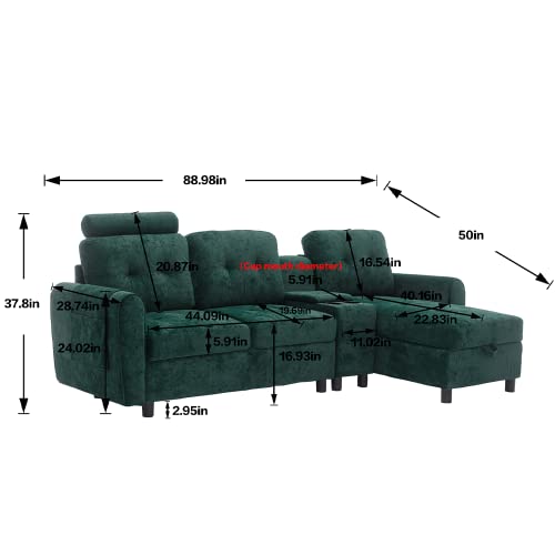 Kevinplus 89'' Sectional Sofa Couch With Chaise Lounge For Living Room, Modern 3-Seat Upholstered Tufted Cozy Storage Sofa Couch With Cupholder For Apartment Office, Polyester Fabric, Emerald #TOP1
