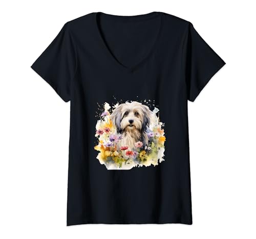 Havanese Dog With Flowers Vintage Pastel Floral Border V-Neck T-Shirt