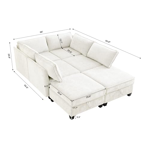 Image of ORRD Sleeper Modular Sectional Sofa Set, Convertible Couch Bed with Storage, 6 Seater and 4 Armrestes Sofa Modular for Living Room, Office (Beige)