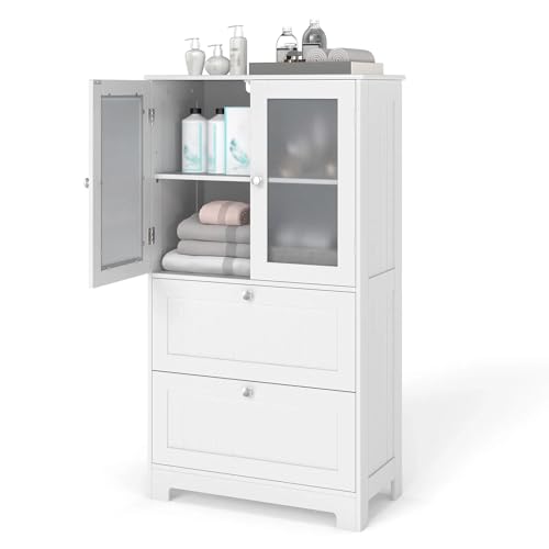 KOMFOTTEU Badezimmerschrank mit 2 Schubladen & 2 Türen, Badschrank mit verstellbares Regal, vertikaler Hochschrank stehend mit Kippschutz, 60 x 30 x 108 cm, Weiß
