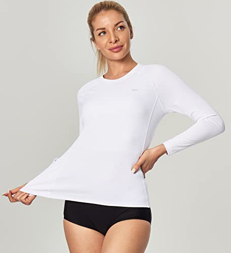 IUGA White Long Sleeve Shirts for Women UPF 50+ Rash Guard Workout Tops with Pockets Dry Fit Hiking Gym Athletic Outfits