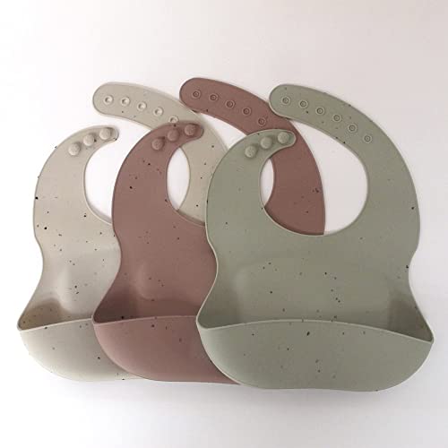 Image of KIDSco. Set of 3 Speckled Silicone Bibs for Baby and Toddler Girls and Boys | Waterproof Baby Bib with Crumb Catcher Pocket | Adjustable Bib for Babies and Toddlers | Unisex and Neutral Colors